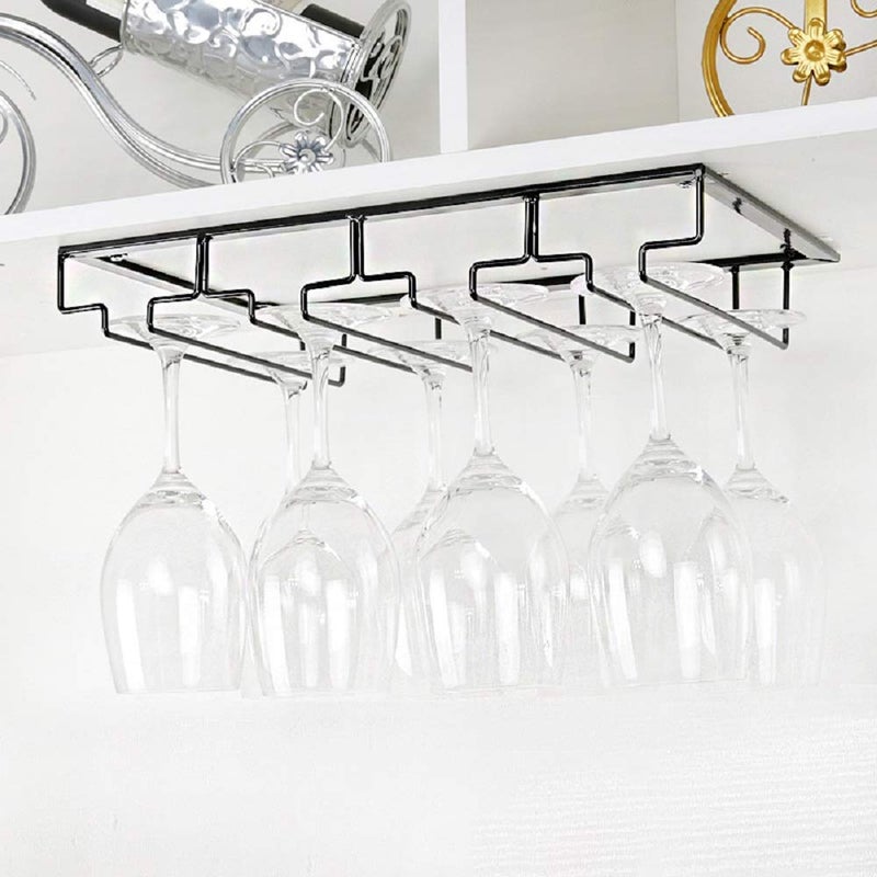 FOMANSH Wine Glass Rack - Under Cabinet Stemware Wine Glass Holder Glasses Storage Hanger 2 Pack Metal Organizer for Bar Kitchen 4 Rows Black - Image 1